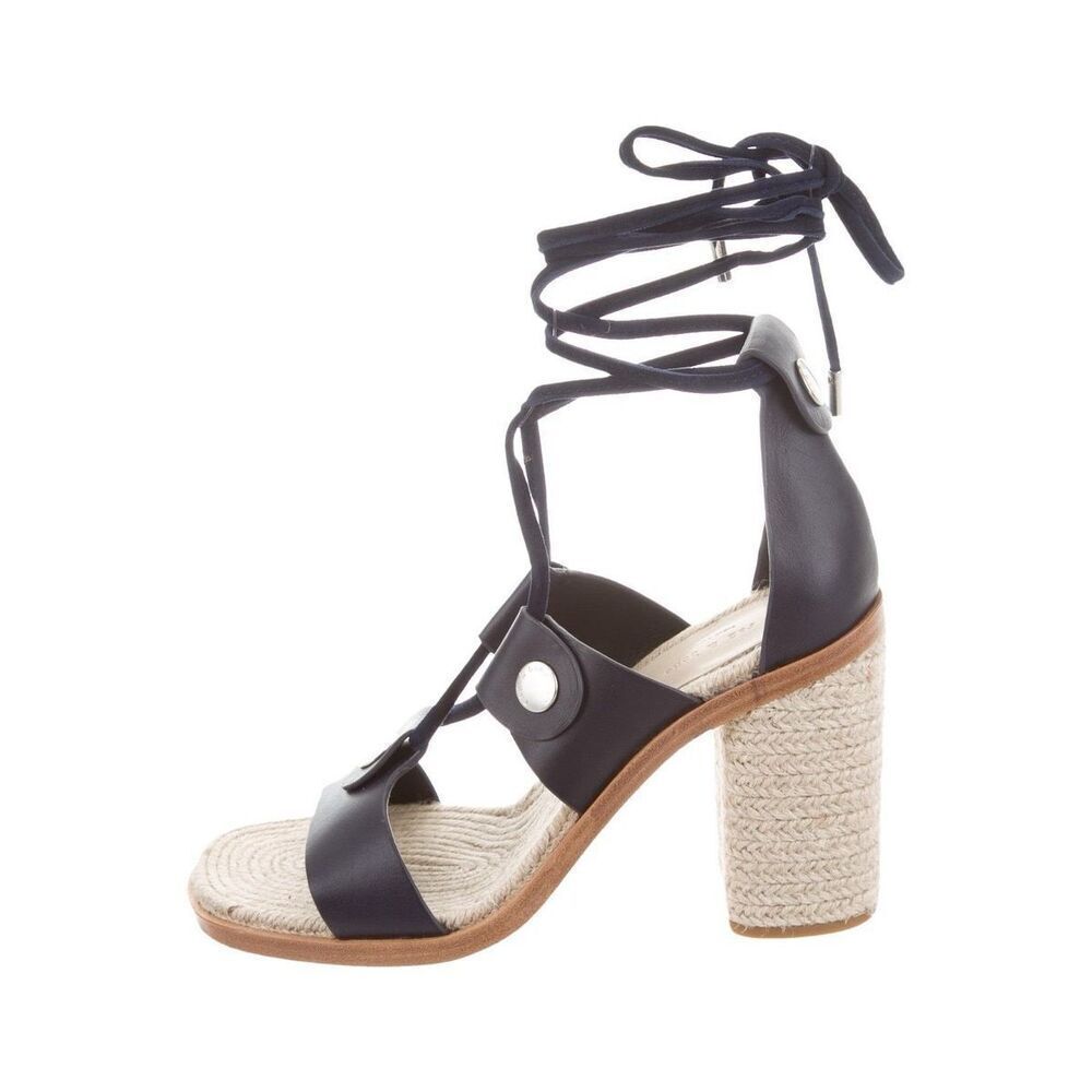 Rag & Bone Eden Sandal Navy Leather Raffia Lace Up $450 Size 38 - Picture 3 of 11